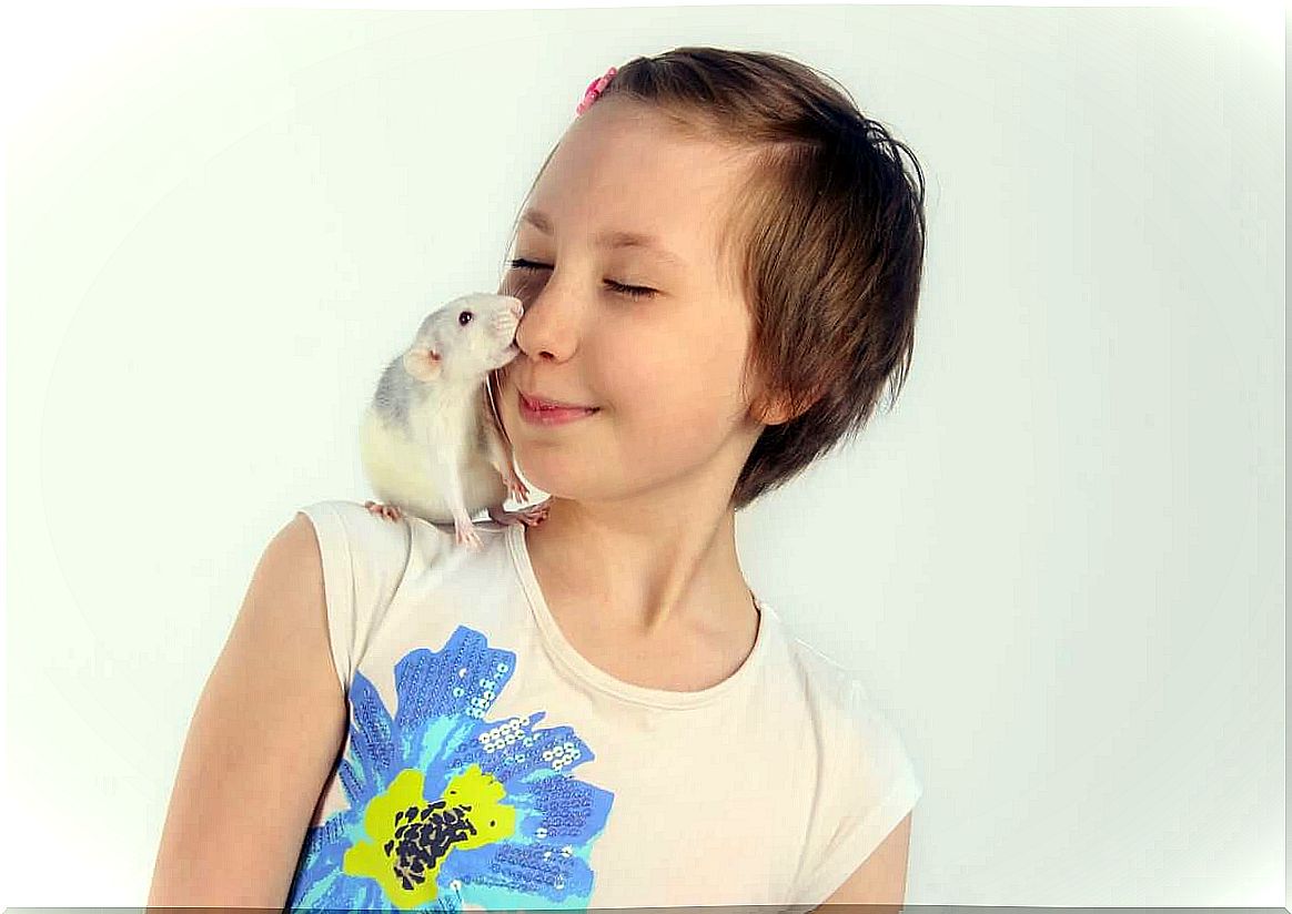 Little girl playing with a mouse.